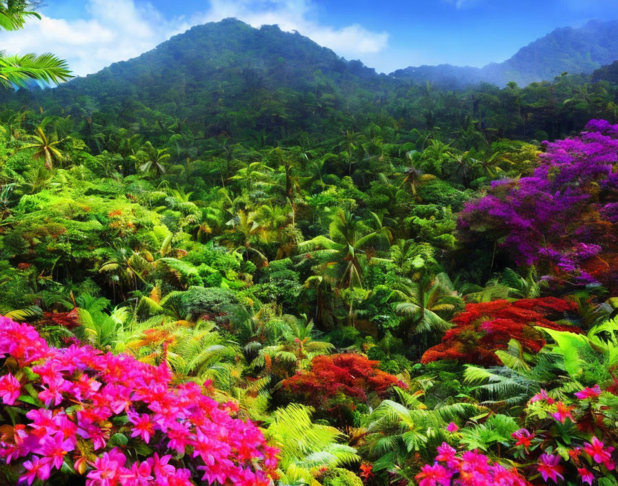 Tropical Rainforest with Vibrant Flowers and Misty Mountains
