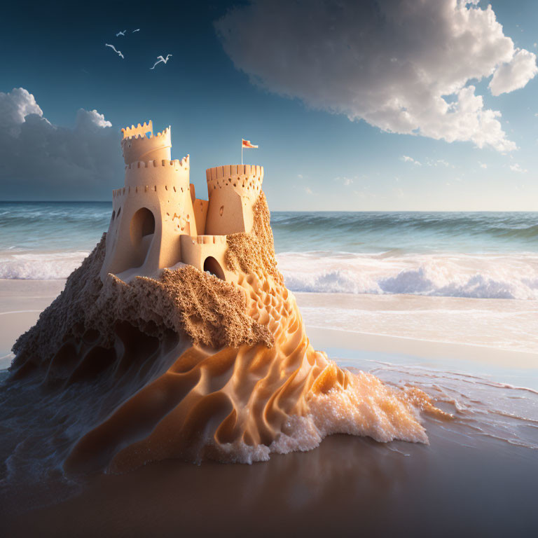Sandcastle with towers by the shore under blue sky