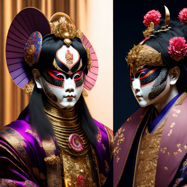 Elaborate Traditional Japanese Costumes with Gold and Red Headpieces