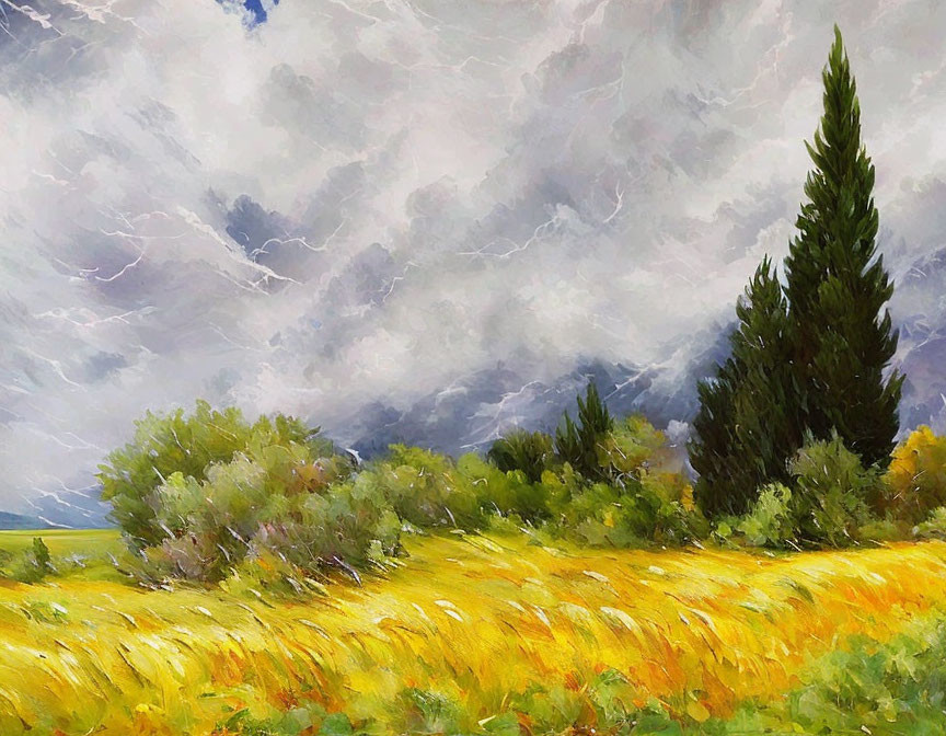 Vibrant Impressionist Painting of Stormy Field