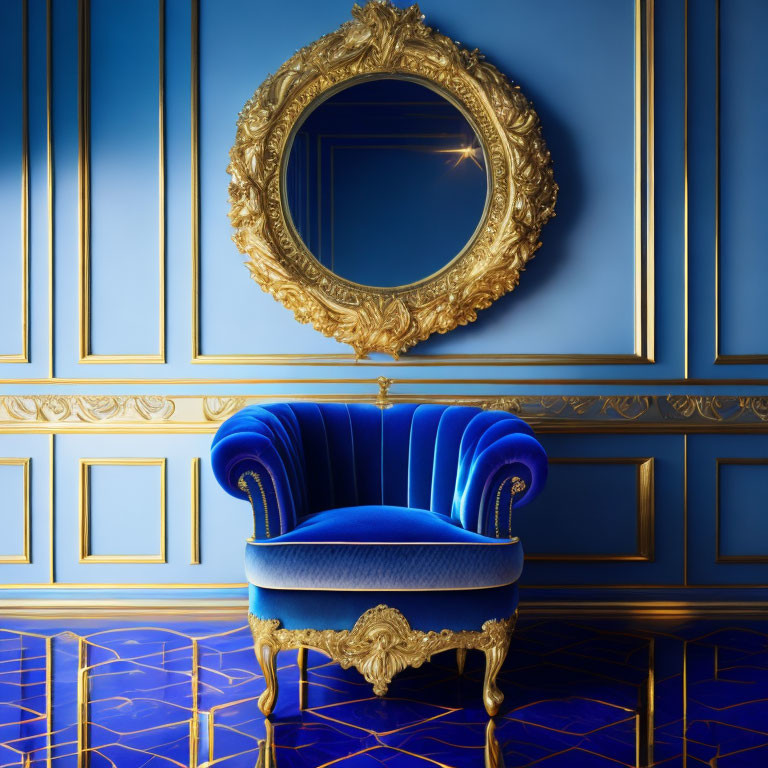 Luxurious royal blue velvet armchair with ornate golden-framed mirror