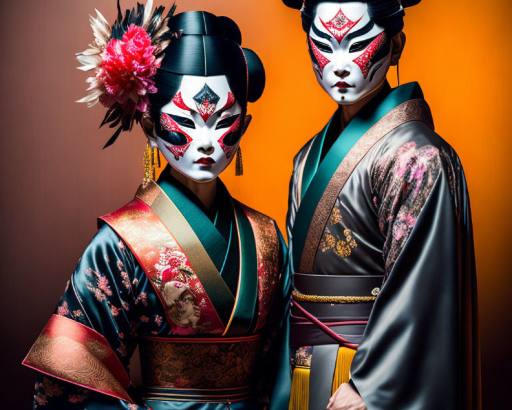 Traditional Japanese Attire with Kabuki-Inspired Makeup on Two People