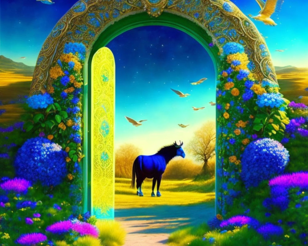 Ornate archway leading to magical meadow with black horse