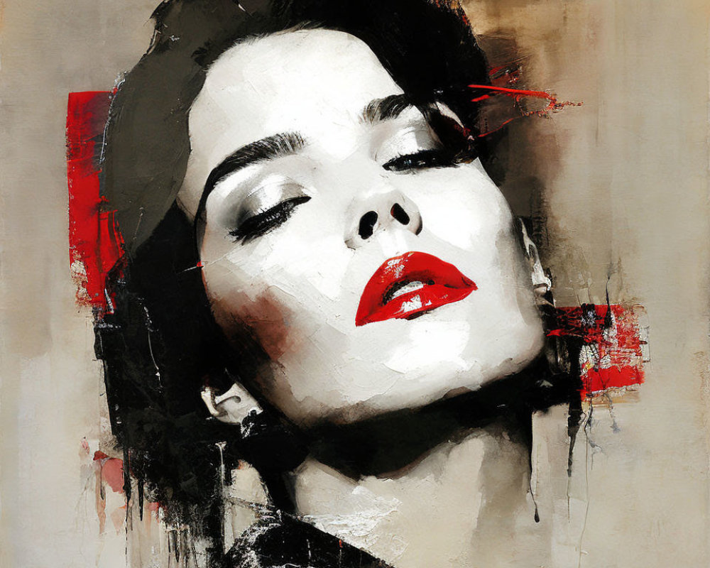 Abstract portrait with red lipstick and black & white tones on beige background
