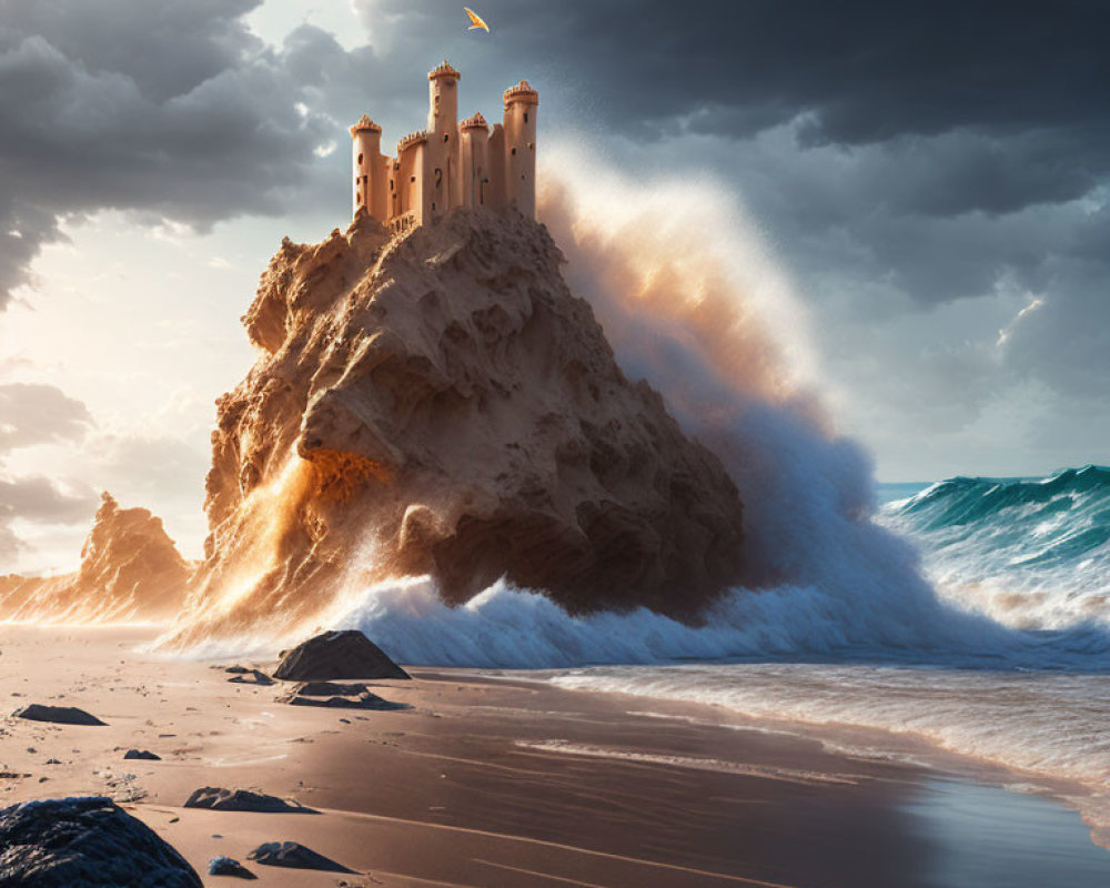 Castle on Rocky Cliff with Crashing Wave and Dramatic Sky