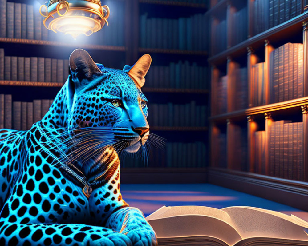 Blue leopard in library with glowing fur patterns beside open book and lamp