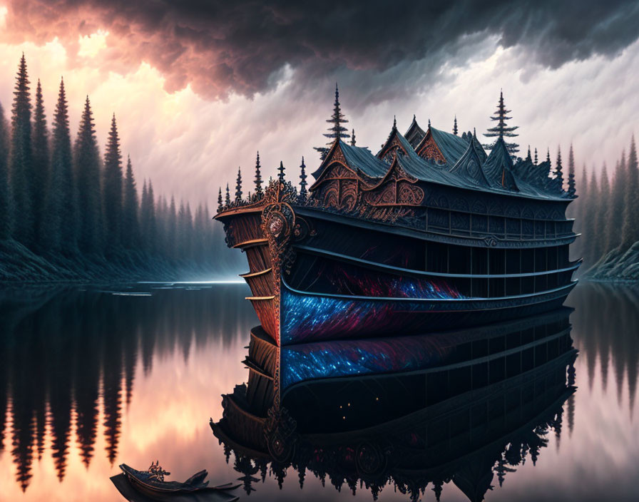 Elaborately carved traditional boat on calm lake at twilight