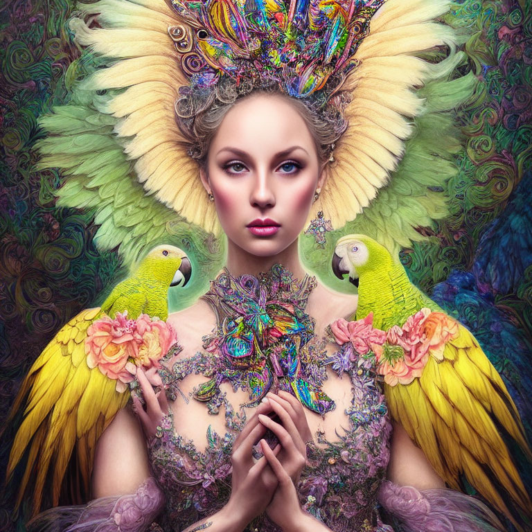 Colorful Woman with Feathered Headdress and Parrots on Vibrant Background