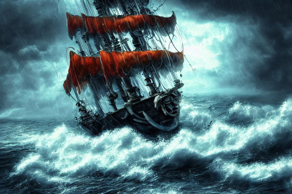 Large ship with red sails navigating stormy ocean waves under dramatic sky