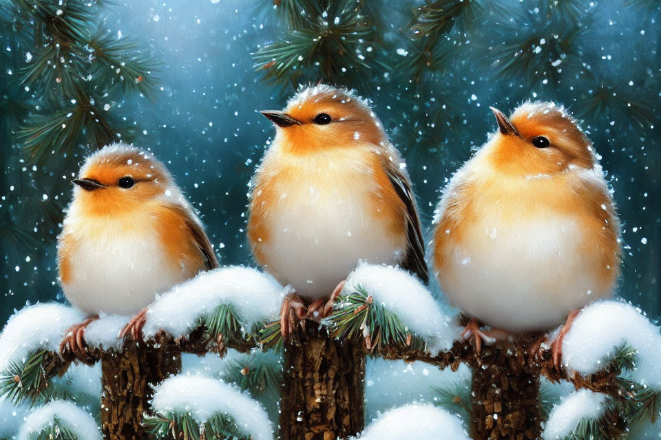 Three plump birds on snow-dusted pine branch in falling snowflakes