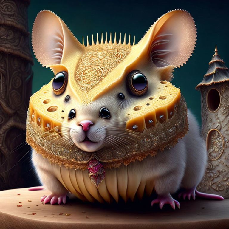 Whimsical mouse with ornate cheese helmet and tower background