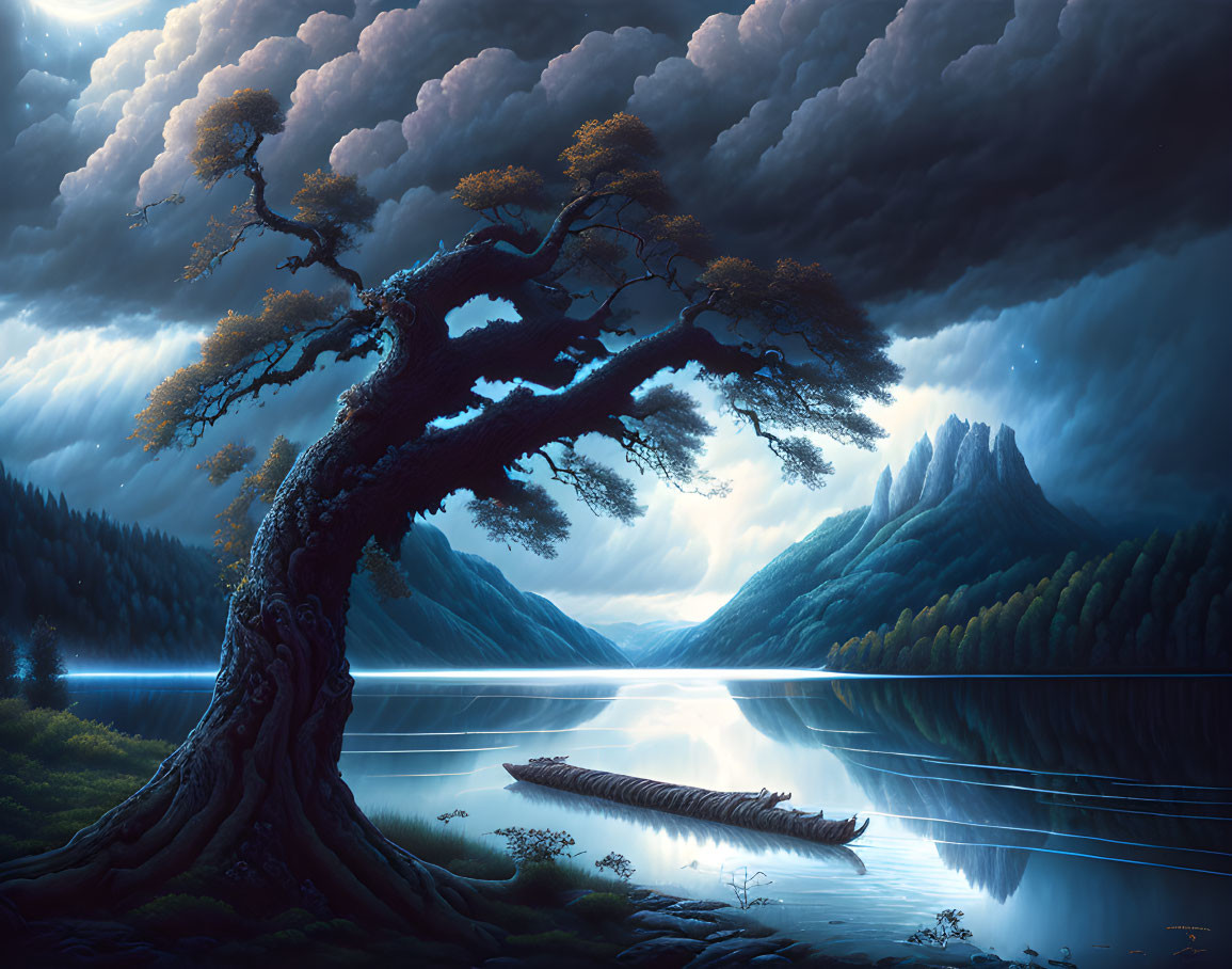 Majestic old tree by tranquil lake with mountain reflection at dusk