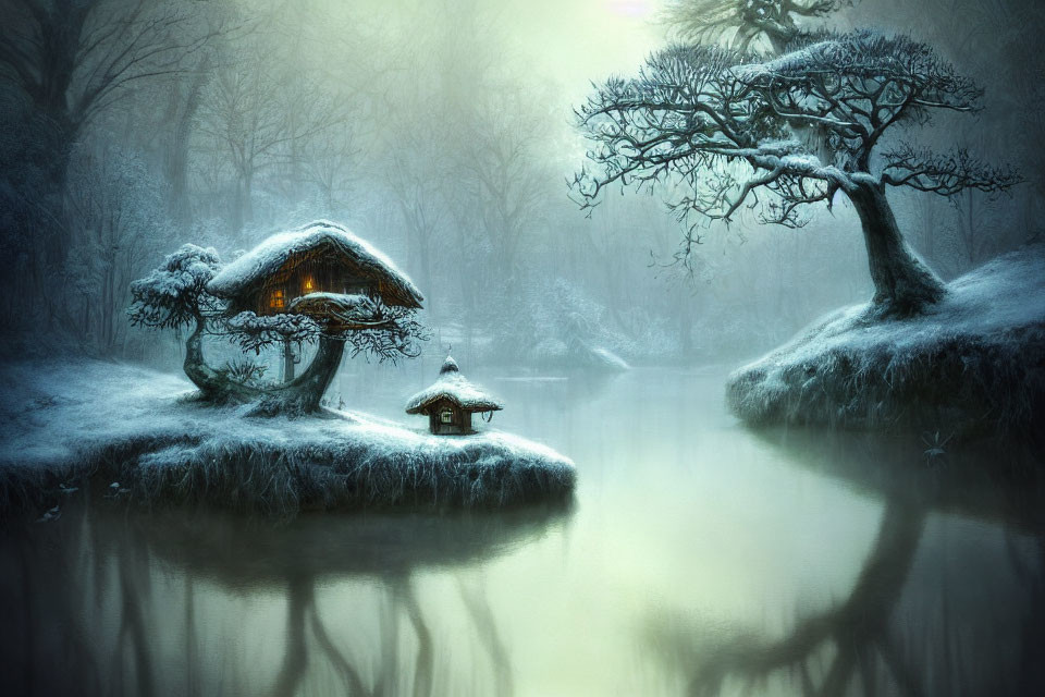 Winter scene: Thatched-roof cottage near serene lake in misty twilight