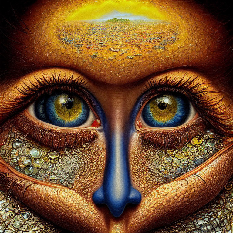 Surreal close-up of face with vivid blue eyes and golden landscape