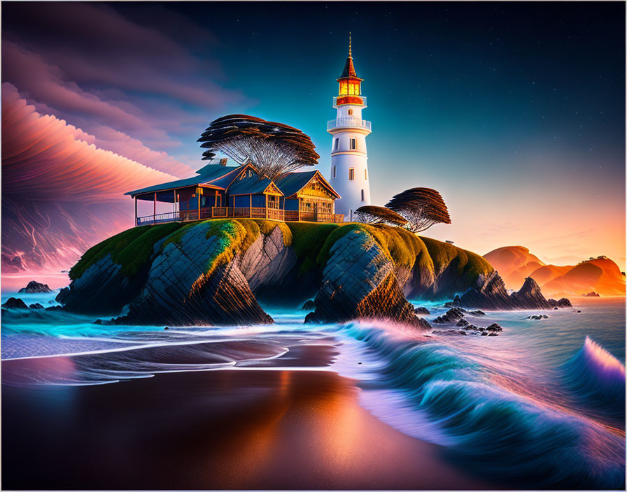 Scenic lighthouse on rocky islet with vibrant skies and smooth sea waves at dusk