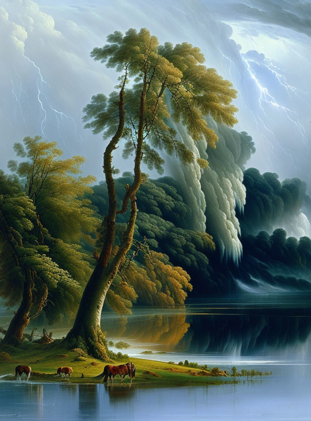 Tranquil landscape with trees, lake, horses, storm clouds