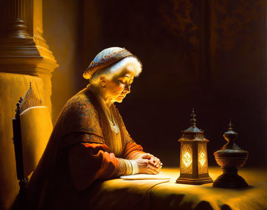 Elderly woman in traditional attire sitting at table illuminated by lantern's glow