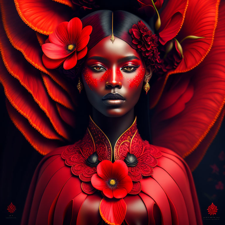 Dark-skinned woman with red floral adornments and intricate patterns