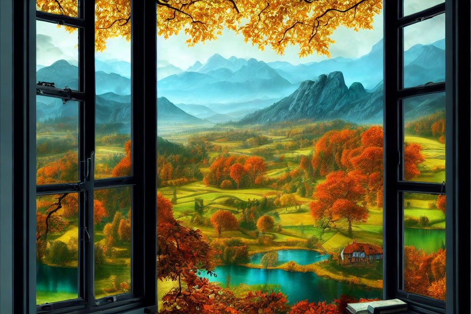 Autumn landscape with colorful trees, lake, and mountains view.