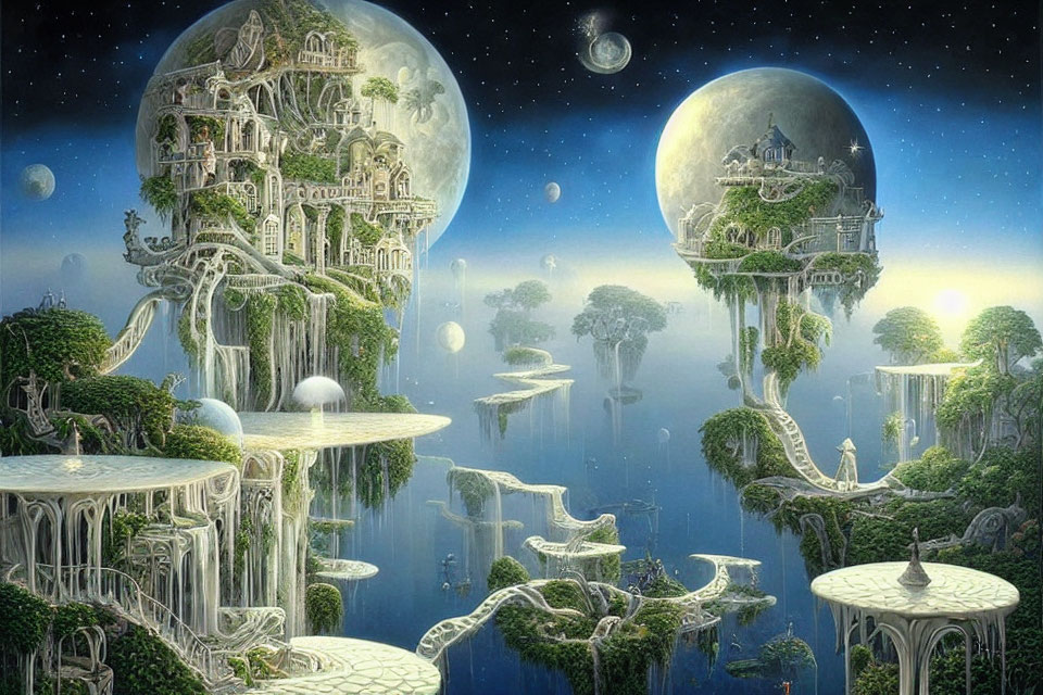 Fantasy landscape with floating islands, palaces, waterfalls, and multiple moons