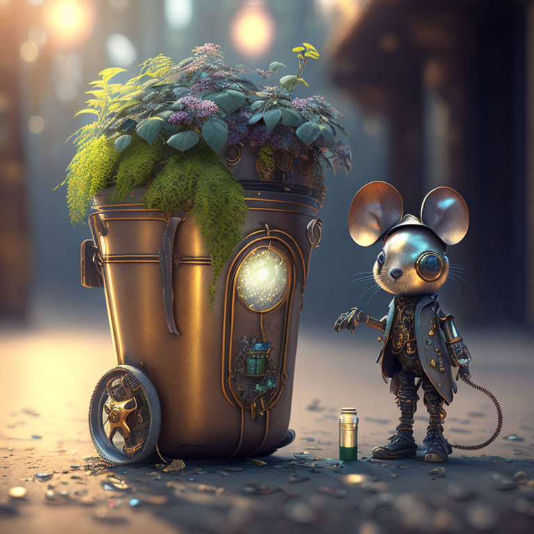 Steampunk mouse with goggles next to overgrown trash can and lantern.