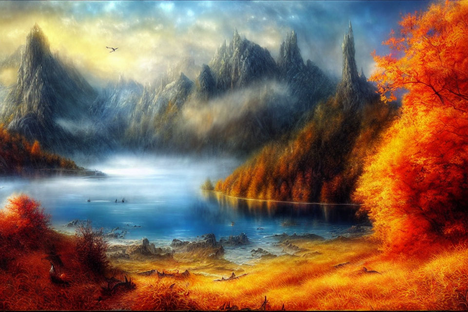Fiery Orange Foliage and Serene Lake in Autumn Scene