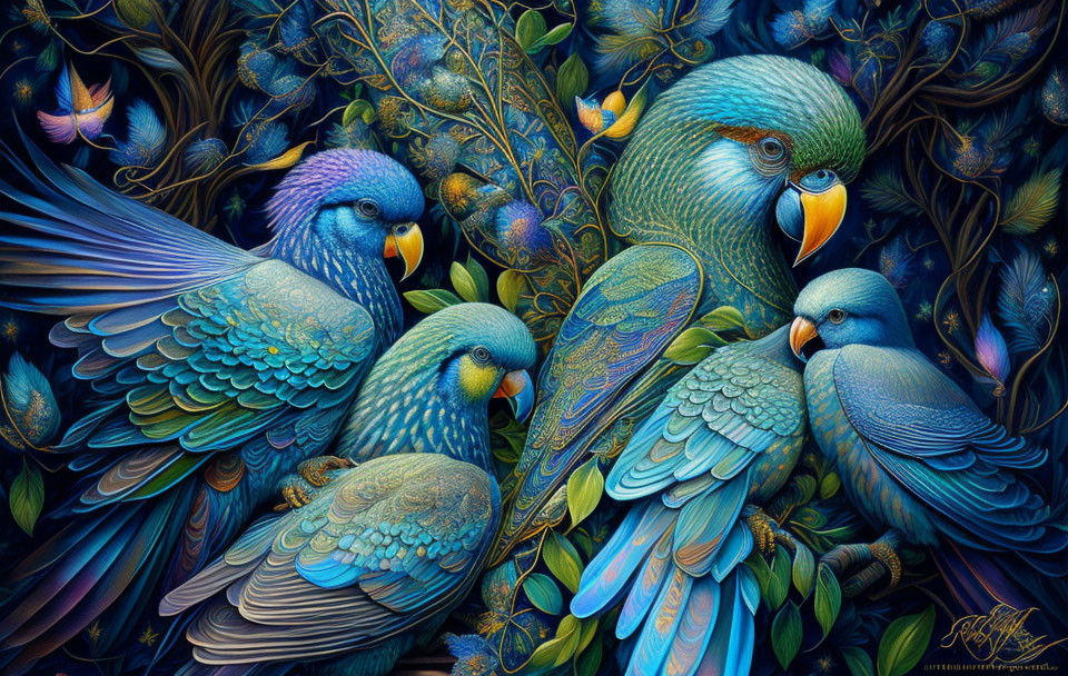 Colorful Illustration: Blue Parrots in Lush Foliage with Yellow Fruits