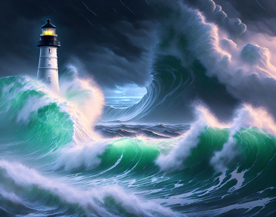 Stormy sky lighthouse amidst ocean waves lightning.