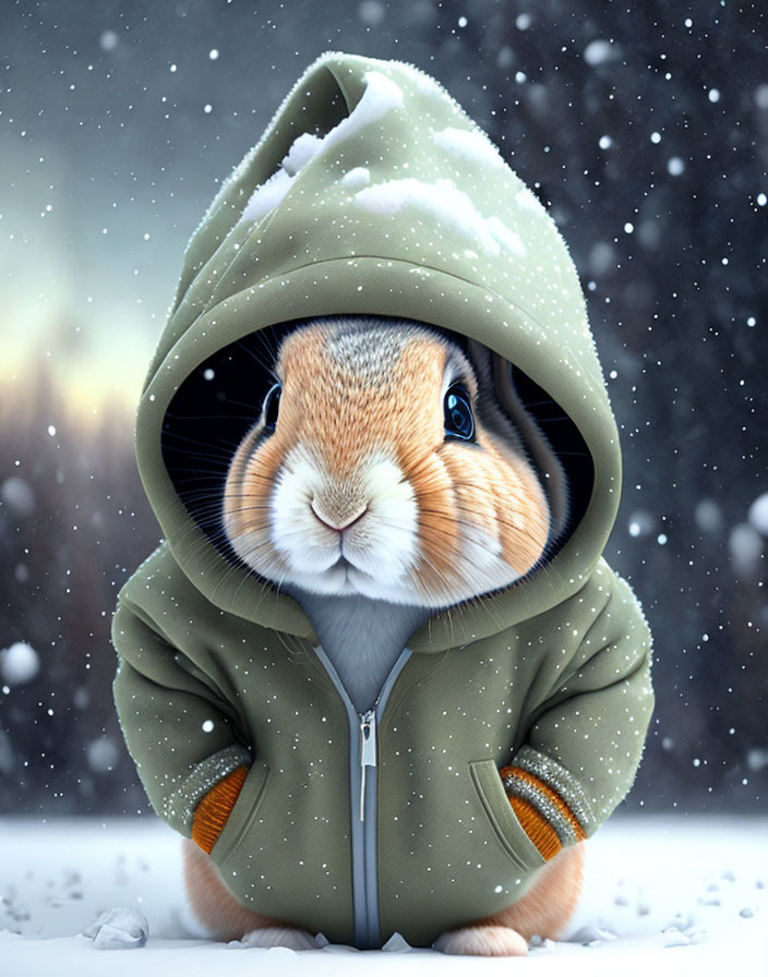 Adorable bunny in green jacket surrounded by falling snowflakes
