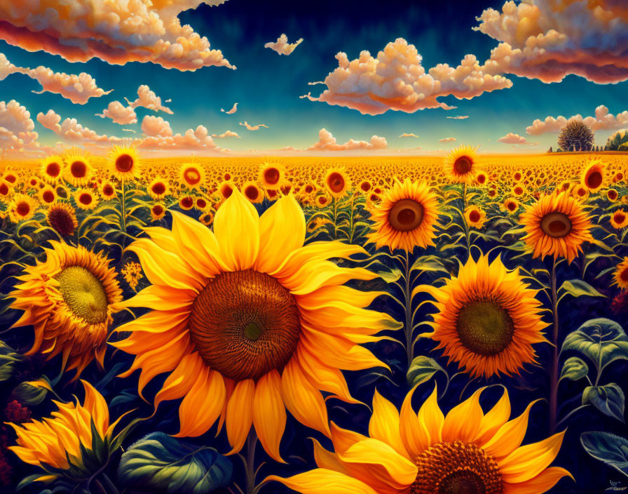 Sunflower Field at Day to Night Transition with Vibrant Colors