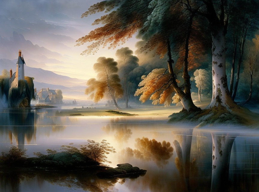 Tranquil landscape with lighthouse, autumn trees, lake, and sunrise