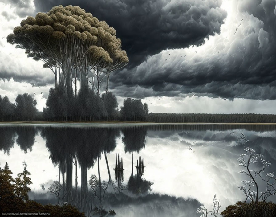Surreal landscape with tree grove reflected in water under dramatic sky