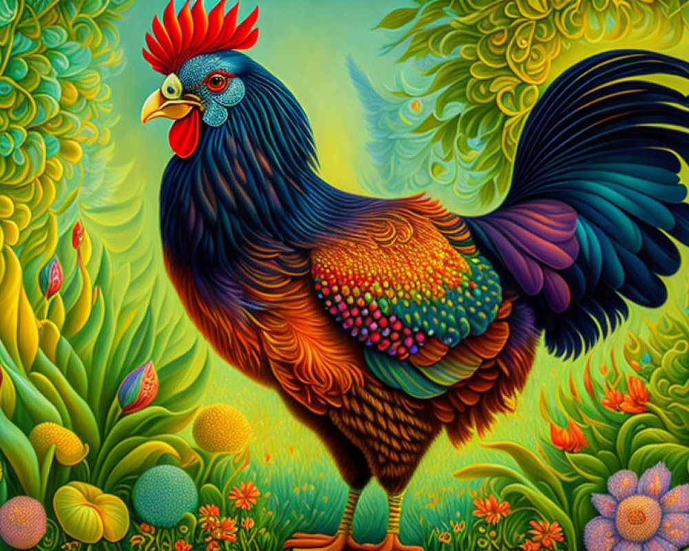 Colorful Rooster Illustration with Vibrant Flora in Blue, Orange, and Green