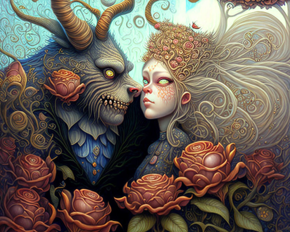 Detailed mythical creature and humanoid embrace in ornate illustration