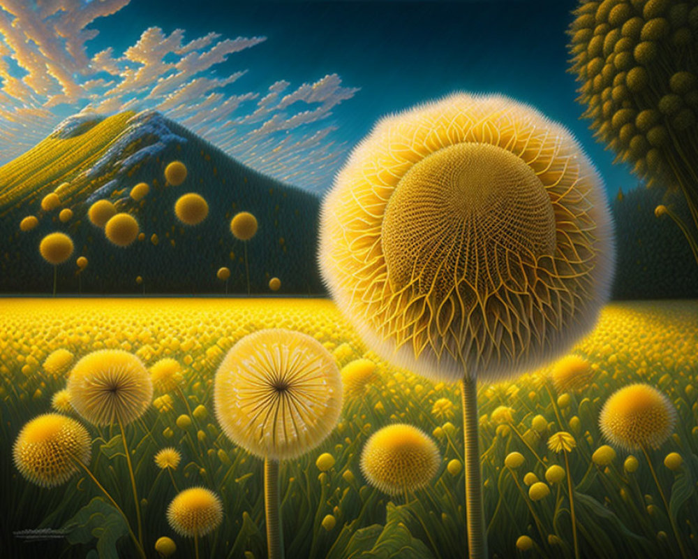 Surreal landscape with oversized dandelion puffballs, green field, blue mountains, and yellow