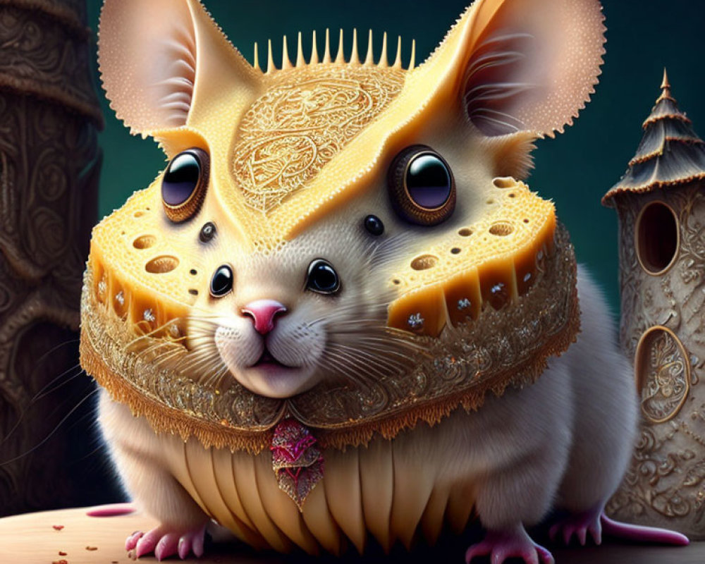 Whimsical mouse with ornate cheese helmet and tower background