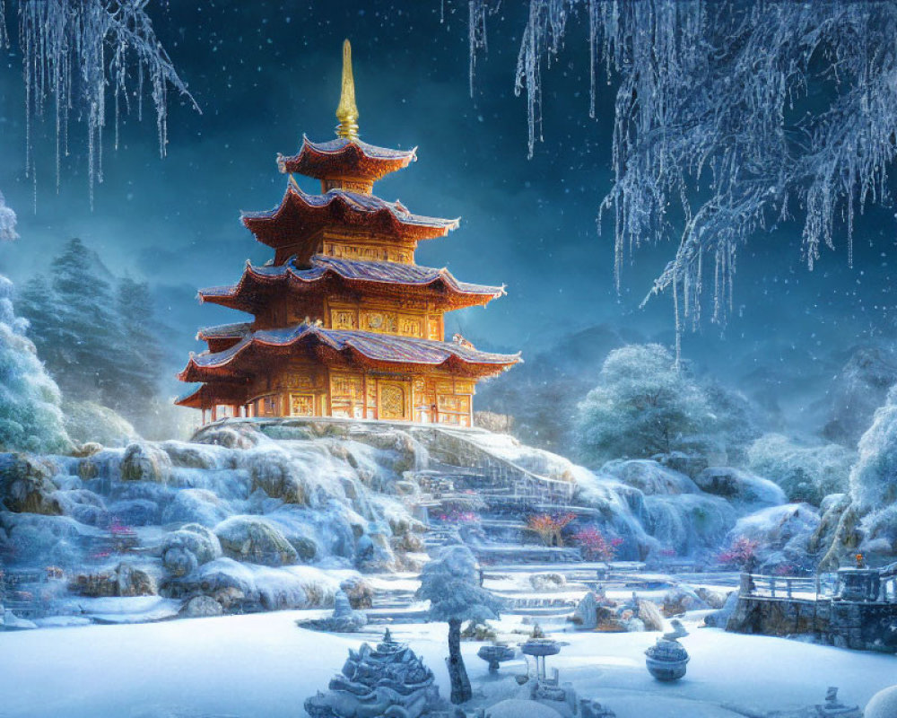 Snowy landscape with illuminated pagoda and frozen waterfall