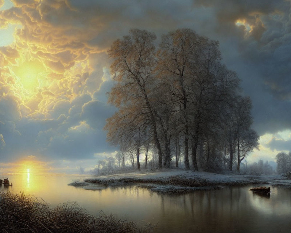 Tranquil winter sunset scene with trees, river, boat, sleigh, and cloudy sky