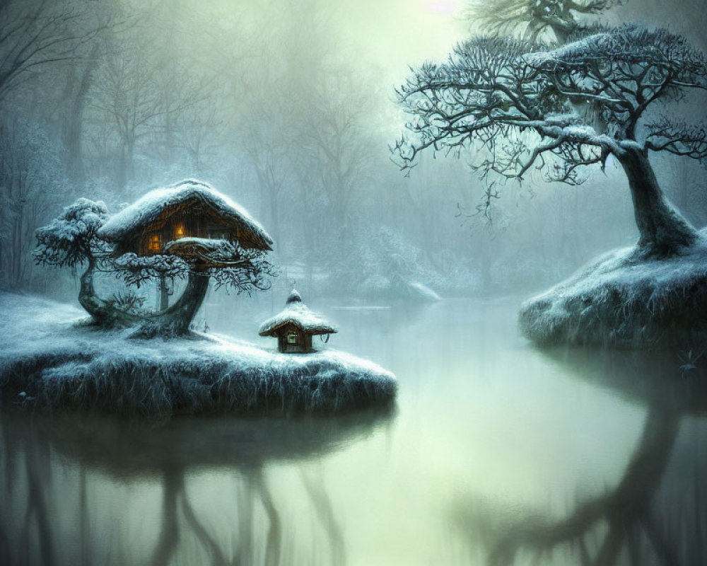 Winter scene: Thatched-roof cottage near serene lake in misty twilight