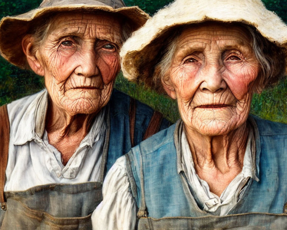 Elderly individuals in rustic hats and overalls outdoors