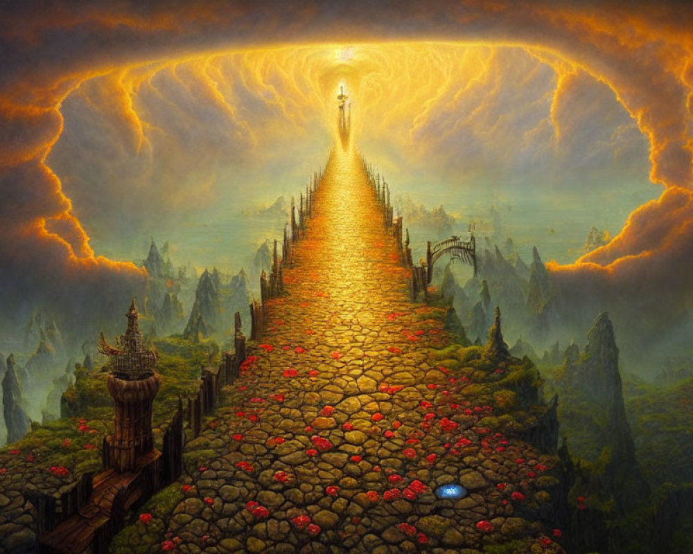 Fantastical landscape with glowing path and radiant figure under fiery sky.