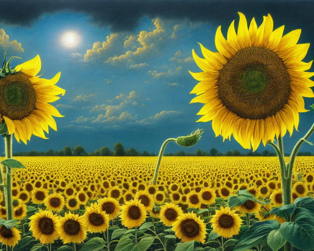 Sunflowers Field with Moon and Blue Sky Scene