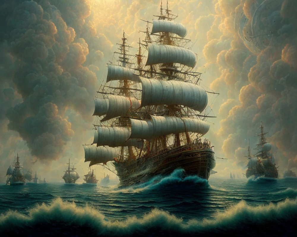 Tall ships on turbulent sea with dramatic sky and moon-like celestial body