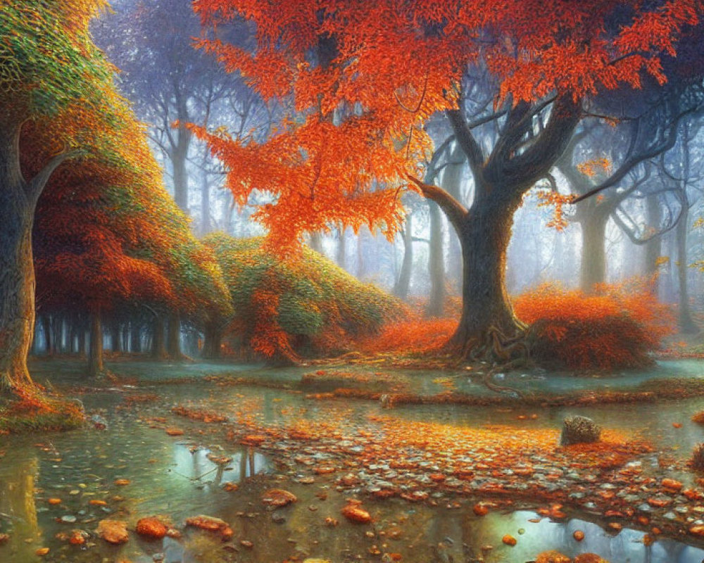 Tranquil Autumn Forest with Pond and Fallen Leaves