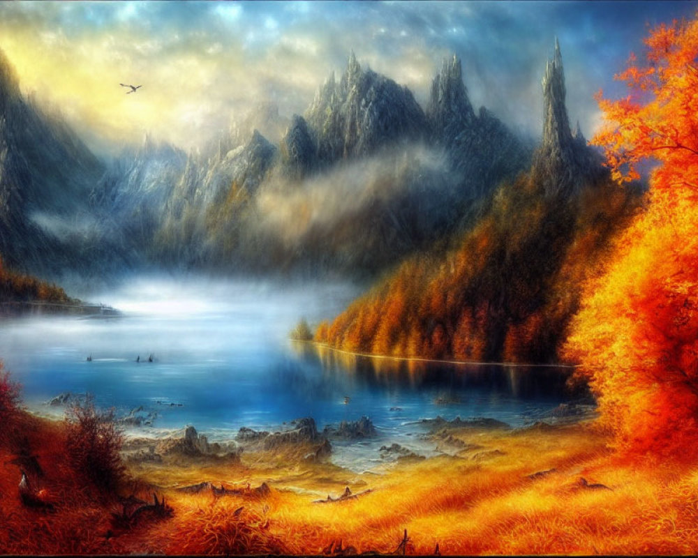 Fiery Orange Foliage and Serene Lake in Autumn Scene