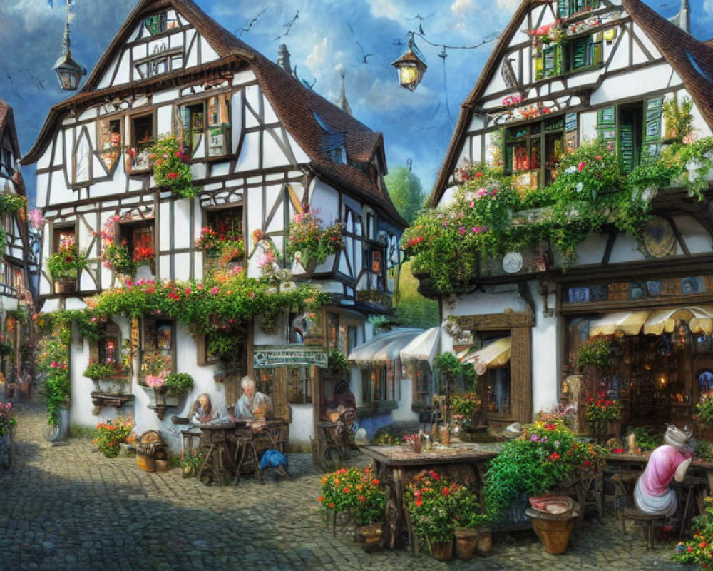 Charming European village street with half-timbered houses and outdoor dining