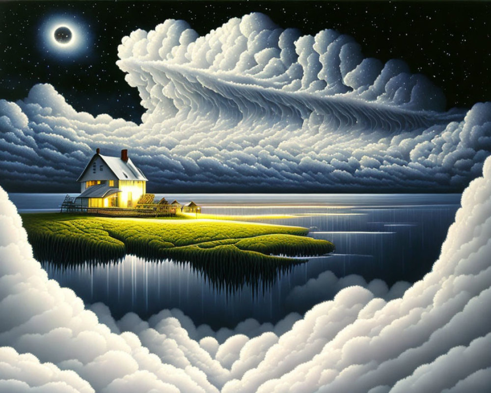 Isolated house on glowing island in surreal moonlit landscape