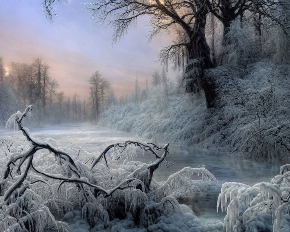 Winter landscape with frosted river and bare trees