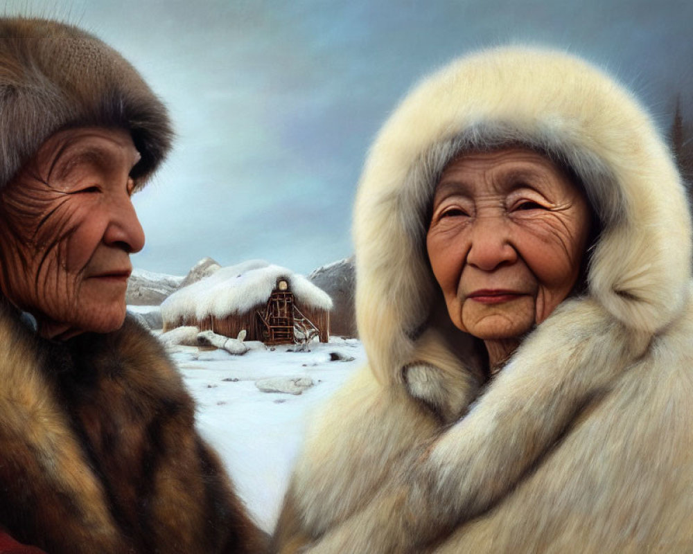 Elderly individuals in fur-trimmed traditional clothing in snowy village