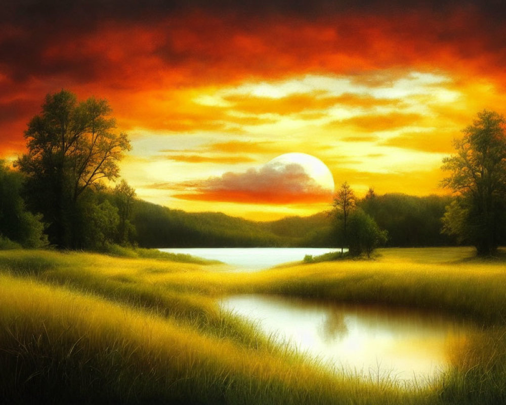 Scenic landscape with fiery sunset sky over serene lake